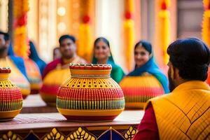 a group of people sitting around a table with colorful vases. AI-Generated photo