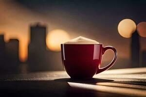 a red cup of coffee sits on a table in front of a city skyline. AI-Generated photo