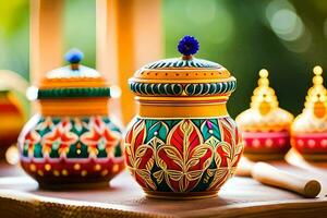 colorful pots and vases on a table. AI-Generated photo