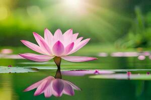 a pink lotus flower is reflected in the water. AI-Generated photo