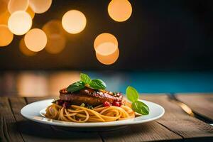 spaghetti with meat and tomato sauce on a plate. AI-Generated photo