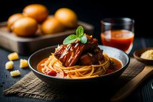 spaghetti with meat and sauce in a bowl. AI-Generated photo