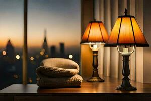 two lamps sit on a table near a window. AI-Generated photo