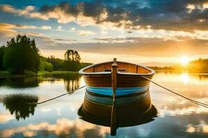 a boat is docked on the water at sunset. AI-Generated photo