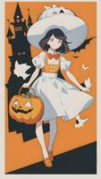 Preparing for Halloween A Cute Young Girl and His Pumpkin in Anime Style With Simple Background photo