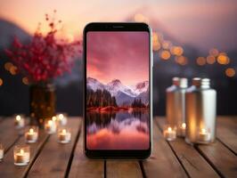 Smartphone mockup on wood desk with pink cinematic lighting and isolated background AI Generative photo