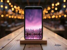 Smartphone mockup on wood desk with pink cinematic lighting and isolated background AI Generative photo