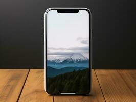 Smartphone mockup on wood desk with isolated background AI Generative photo