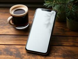 Smartphone mockup on wood desk with isolated background AI Generative photo