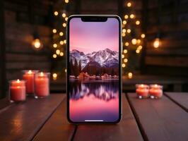 Smartphone mockup on wood desk with pink cinematic lighting and isolated background AI Generative photo