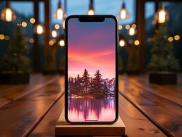 Smartphone mockup on wood desk with pink cinematic lighting and isolated background AI Generative photo