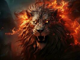 Fire lion art on abstract background AI Generative photo