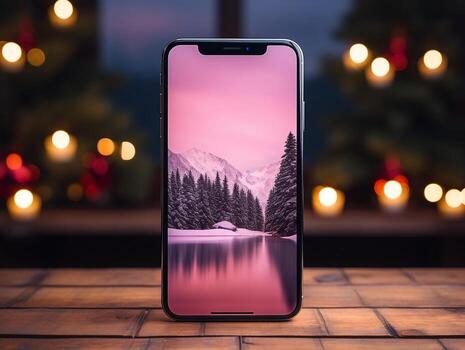 Smartphone mockup on wood desk with pink cinematic lighting and isolated background AI Generative photo