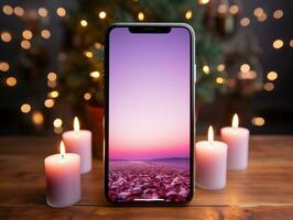 Smartphone mockup on wood desk with pink cinematic lighting and isolated background AI Generative photo