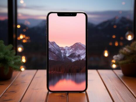 Smartphone mockup on wood desk with pink cinematic lighting and isolated background AI Generative photo
