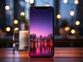 Smartphone mockup on wood desk with pink cinematic lighting and isolated background AI Generative photo