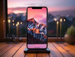 Smartphone mockup on wood desk with pink cinematic lighting and isolated background AI Generative photo