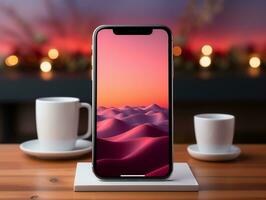 Smartphone mockup on wood desk with pink cinematic lighting and isolated background AI Generative photo