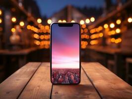 Smartphone mockup on wood desk with pink cinematic lighting and isolated background AI Generative photo