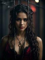 A beautiful female vampire hanging in chains dress.Ai Generate photo