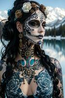 Realistic sugar skull steampunk woman fullbody tattoo.Ai Generate photo