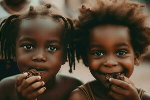 African children eating chocolate on camera. Generate ai photo