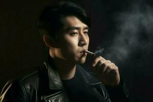 hermoso coreano hombre de fumar. generar ai foto