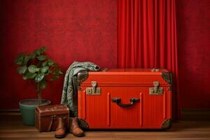 Closed red suitcase with clothing in room. Generate Ai photo