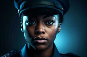 joven hembra negro policía. generar ai foto