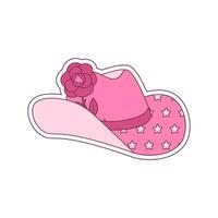 60s retro Cowgirl hat with stars and rose flower. Pink Cowboy western and wild west theme sticker. Hand drawn isolated vector design for postcard, t-shirt, sticker etc.