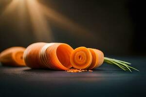 carrots on a dark table with a light shining on them. AI-Generated photo