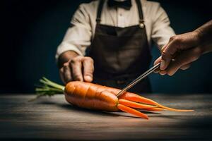 a man in a chef's apron is cutting a carrot. AI-Generated photo