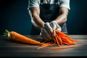 a man in an apron is holding a carrot. AI-Generated photo