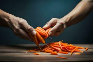 hands of a man cutting carrots on a wooden table. AI-Generated photo