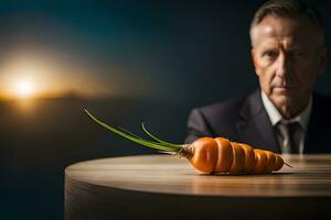 a man in a suit sits at a table with a carrot. AI-Generated photo