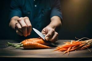 un hombre es corte zanahorias con un cuchillo. generado por ai foto