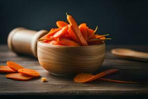 carrots in a wooden bowl on a wooden table. AI-Generated photo