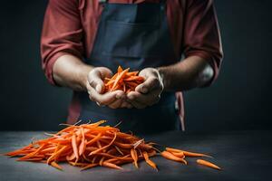 a man holding a pile of carrots. AI-Generated photo