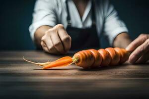 a man is cutting a carrot on a table. AI-Generated photo