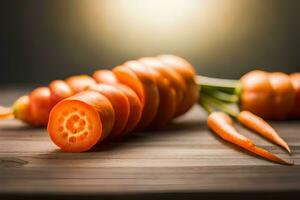 carrots are cut into slices on a wooden table. AI-Generated photo