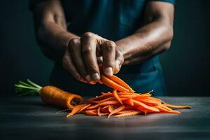 a man is cutting carrots on a table. AI-Generated photo