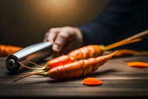 un persona es corte zanahorias con un cuchillo. generado por ai foto