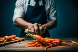 a man in apron is cutting carrots on a table. AI-Generated photo
