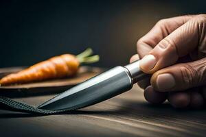 un cuchillo siendo usado a cortar un zanahoria. generado por ai foto