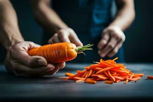 a person is holding a carrot and cutting it. AI-Generated photo