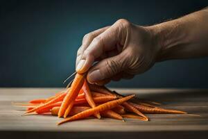 a person is holding a carrot in their hand. AI-Generated photo