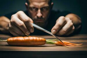 a man is holding a knife over a carrot. AI-Generated photo