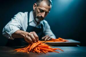 a man in an apron is cutting carrots on a table. AI-Generated photo