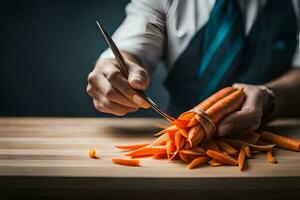 a man is cutting carrots with a knife. AI-Generated photo