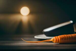 a carrot on a table with a cup and saucer. AI-Generated photo